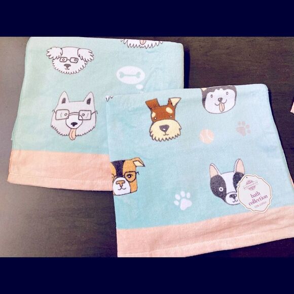 Dog Face Pastel Print Bath & Hand Towels Set - Picture 3 of 3